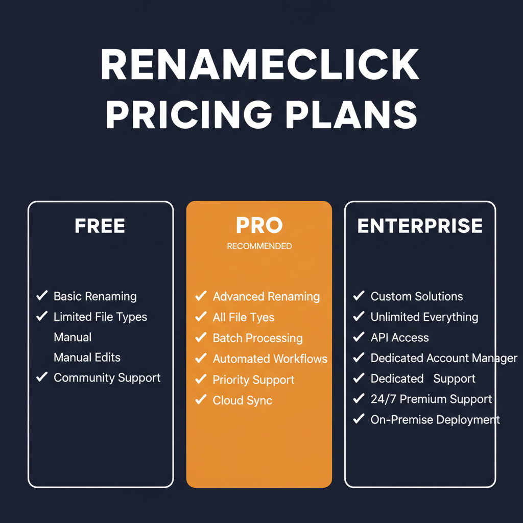 RenameClick pricing comparison showing plan tiers and features
