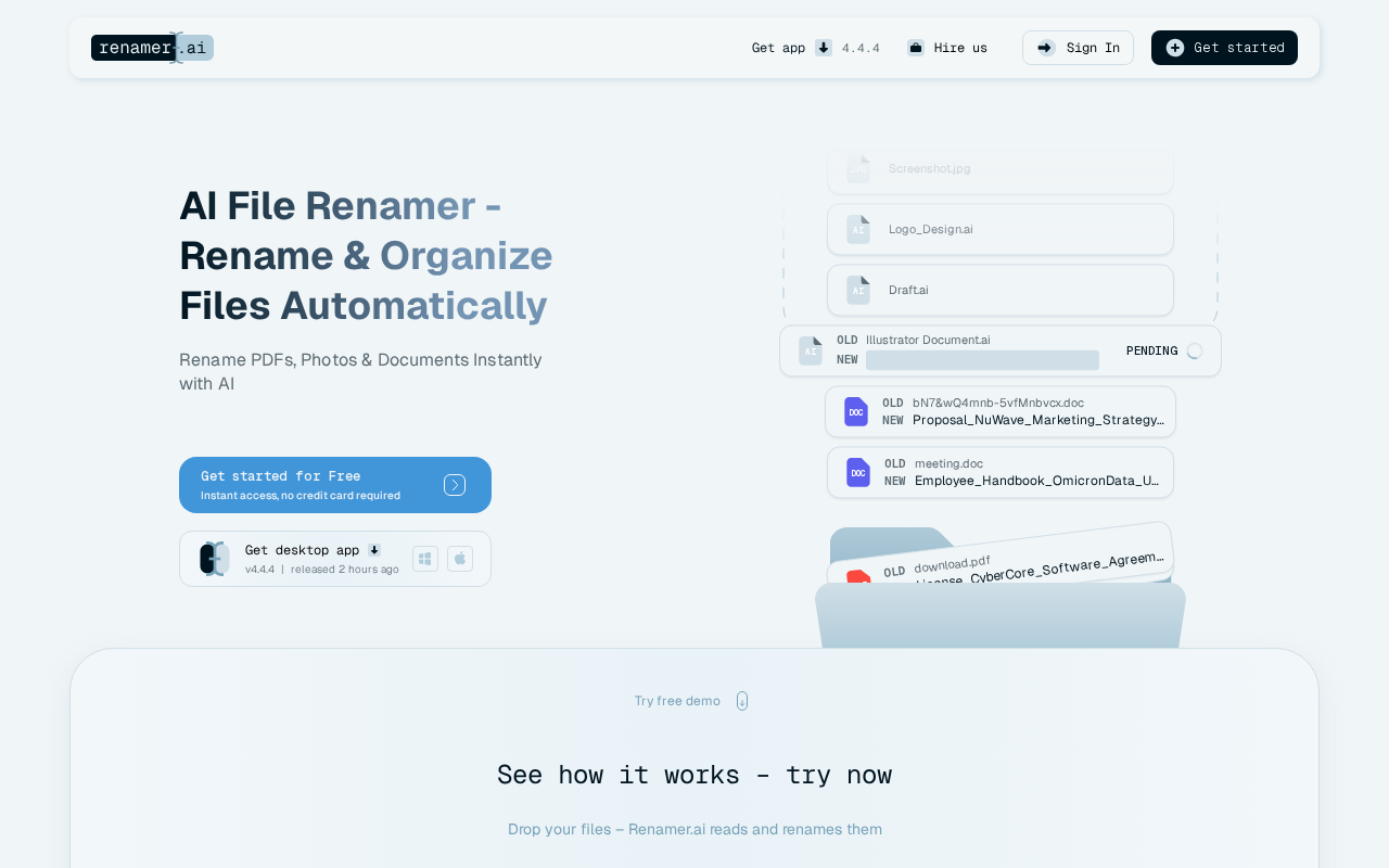 Renamer.ai homepage showing main interface