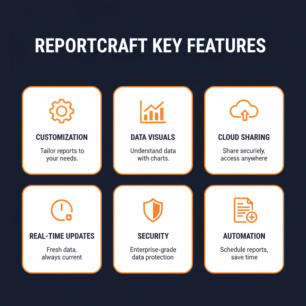 ReportCraft key features infographic showing main capabilities