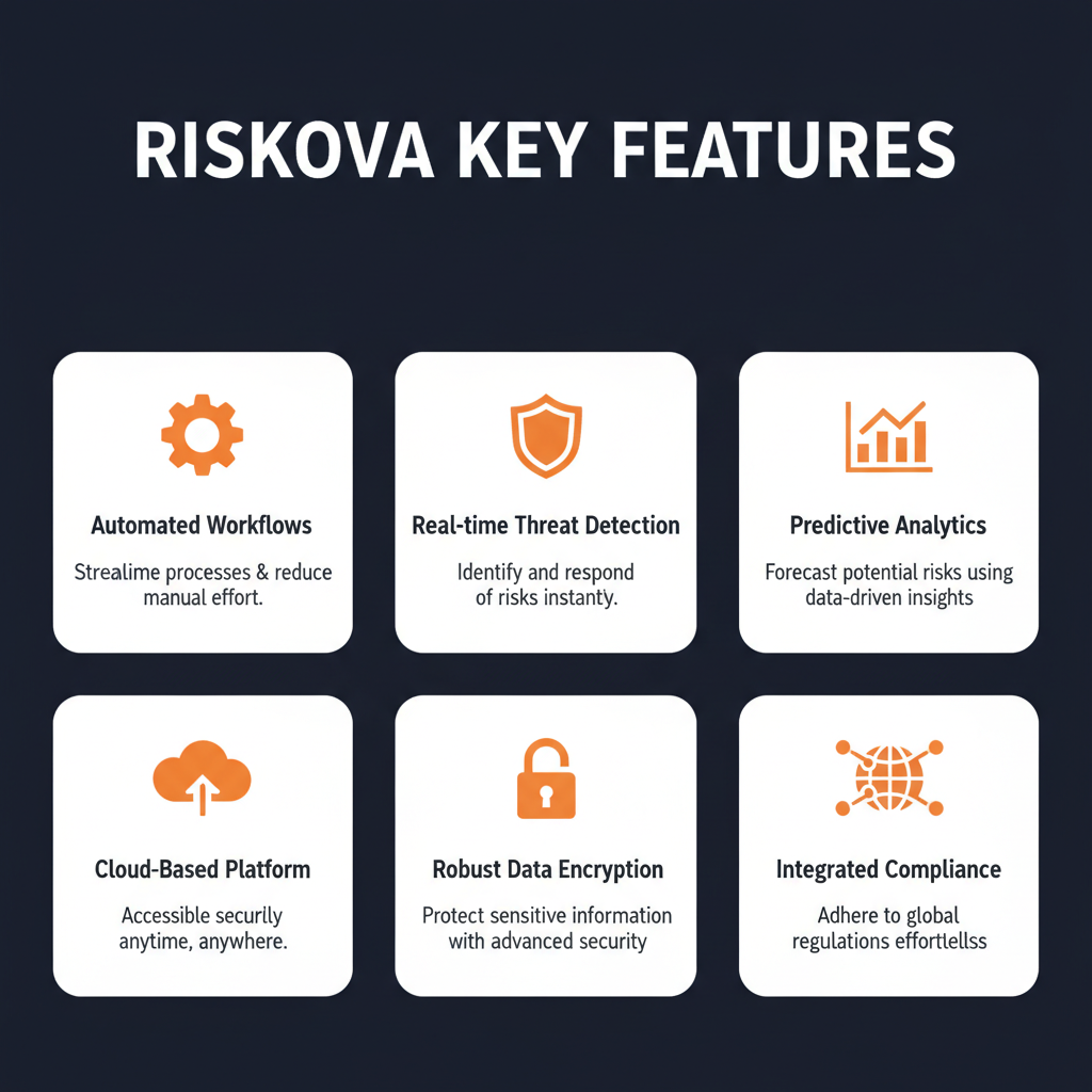 Riskova key features infographic showing main capabilities