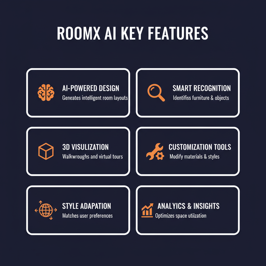 RoomX AI key features infographic showing main capabilities