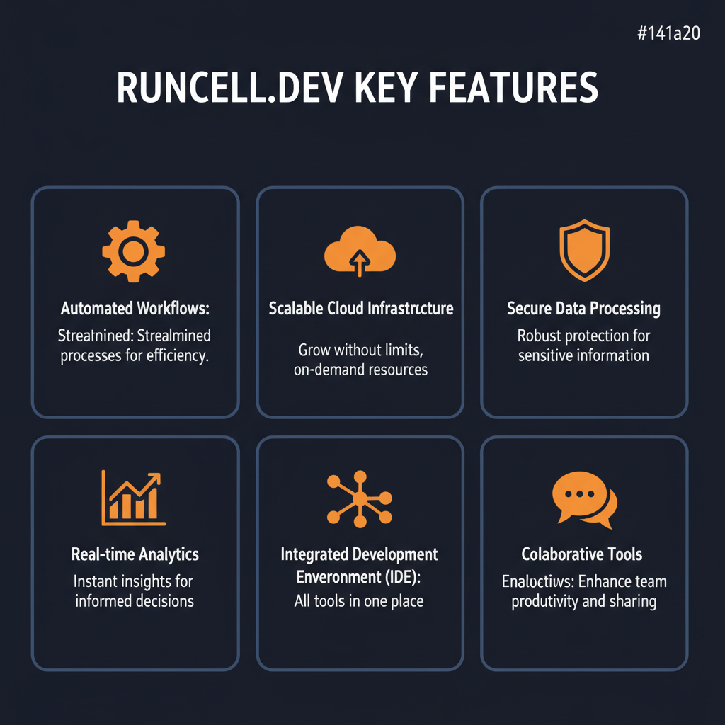 Runcell.dev key features infographic showing main capabilities