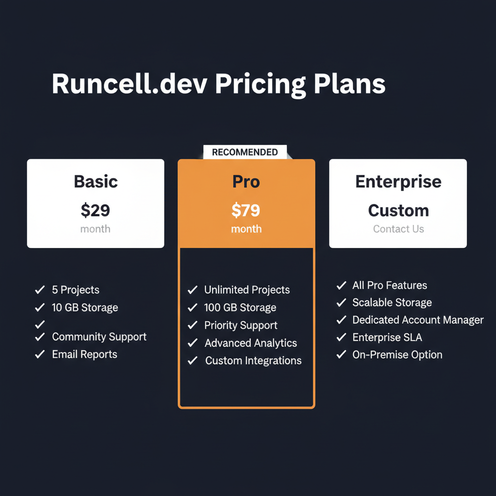 Runcell.dev pricing comparison showing plan tiers and features