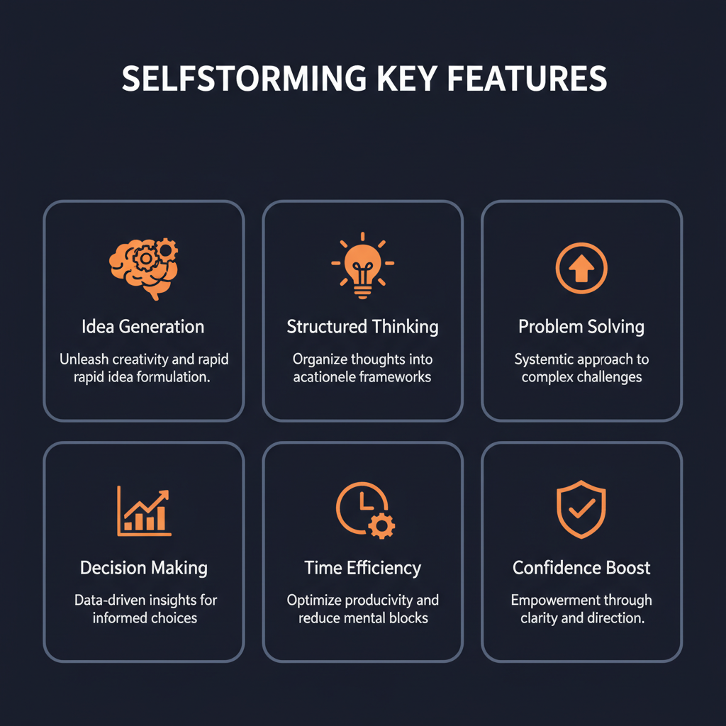 Selfstorming key features infographic showing main capabilities