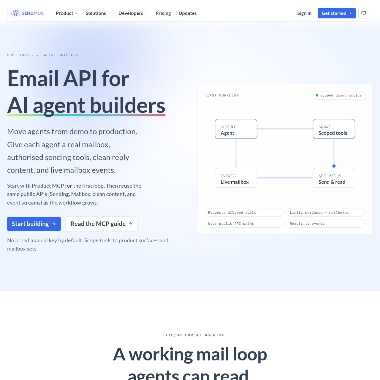 SendMux solutions page for AI agent builders showing authorized sending under a verified domain