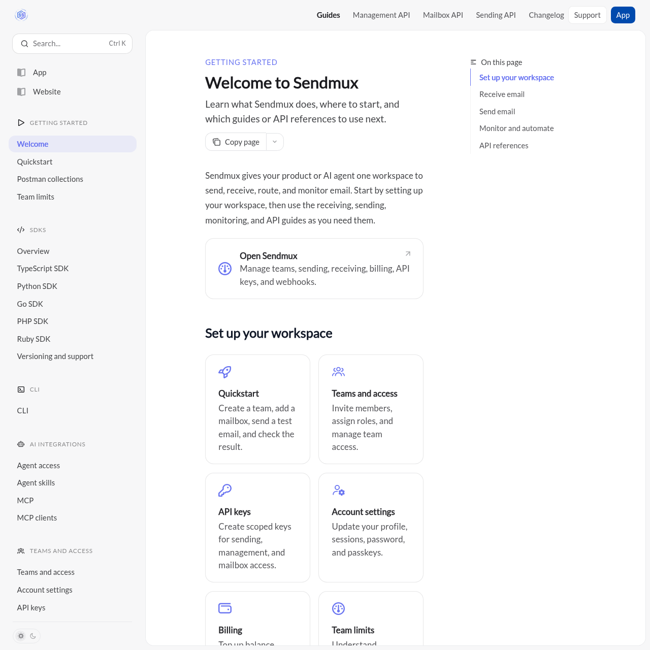 SendMux developer documentation homepage with guides and API references