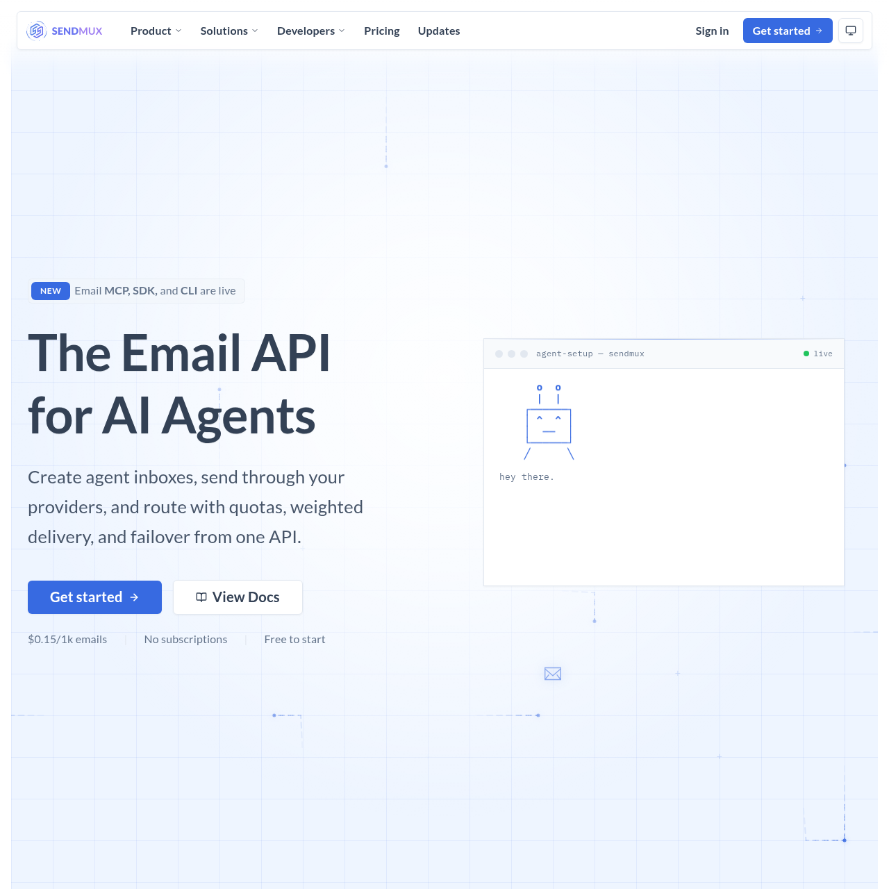 SendMux homepage showing the email API for AI agents with a unified control plane