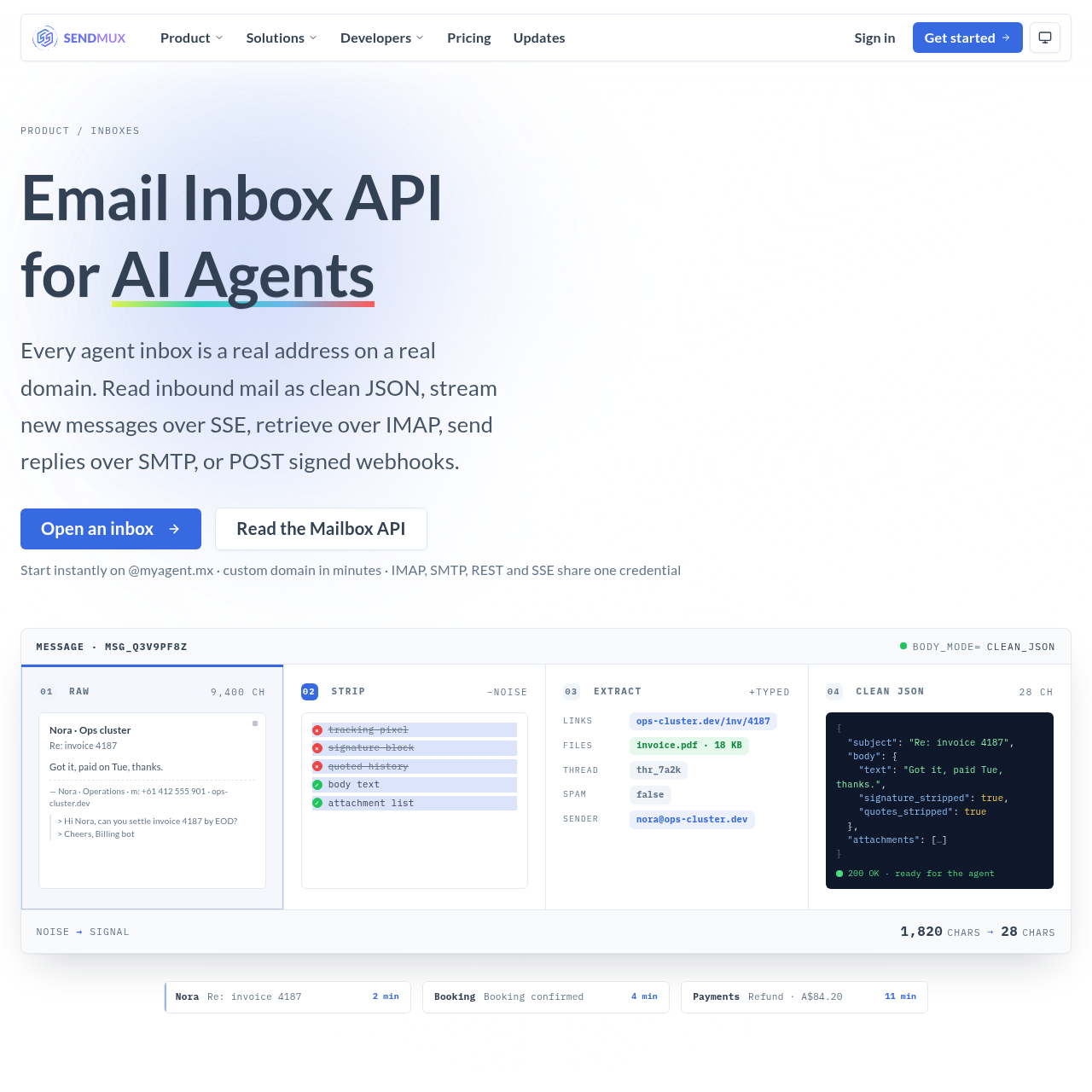 SendMux agent inboxes page showing dedicated mailboxes with REST, IMAP and webhook support