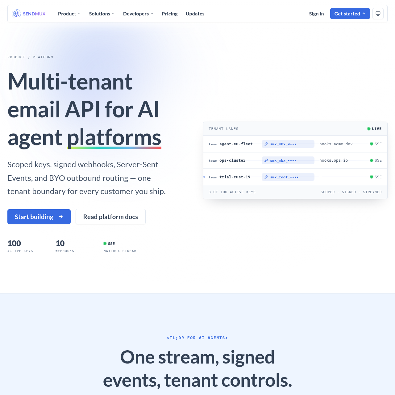 SendMux platform page showing team isolation, scoped API keys, and usage controls
