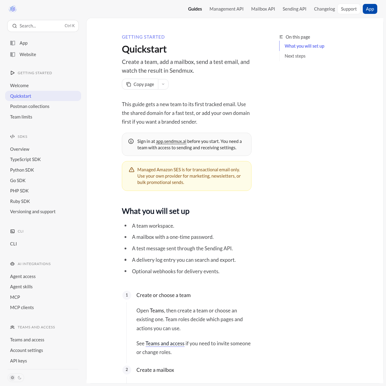SendMux quickstart guide showing how to create a team, add a mailbox, and send a test email