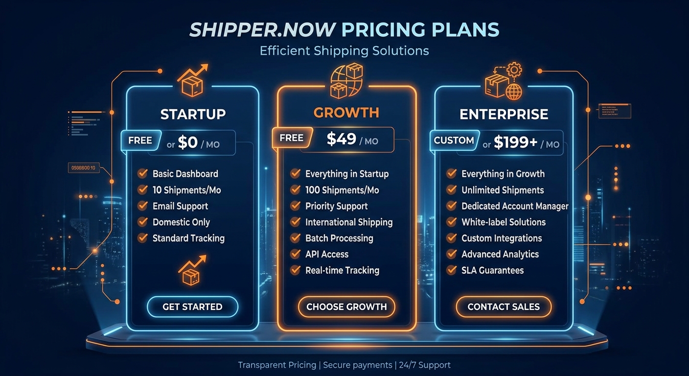 Shipper.now pricing comparison showing plan tiers and features