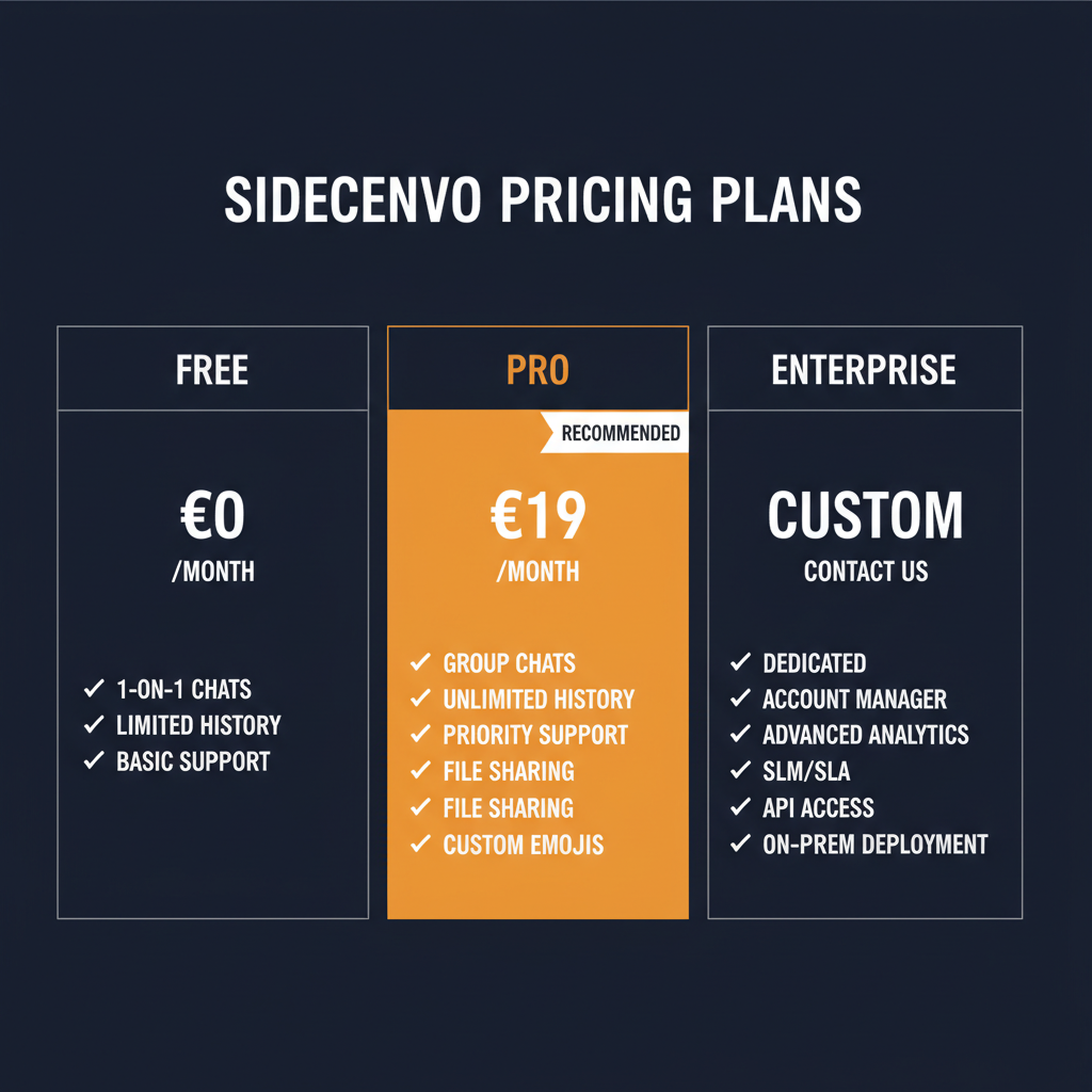 Sideconvo pricing comparison showing plan tiers and features
