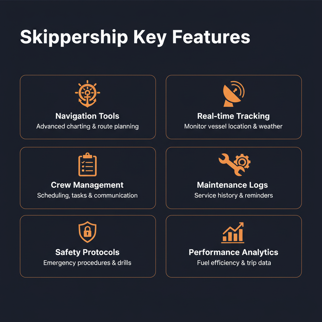 Skippership key features infographic showing main capabilities