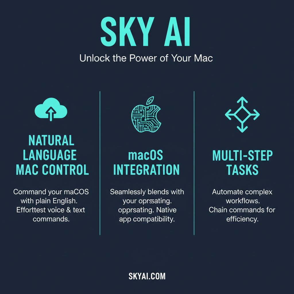 Sky key features infographic showing Natural Language Mac Control and Deep macOS Integration