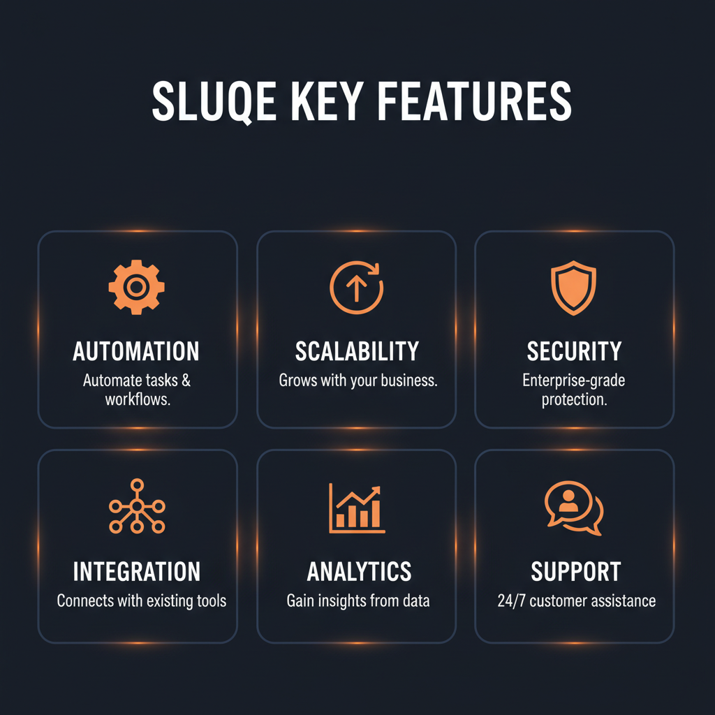 Sluqe key features infographic showing main capabilities