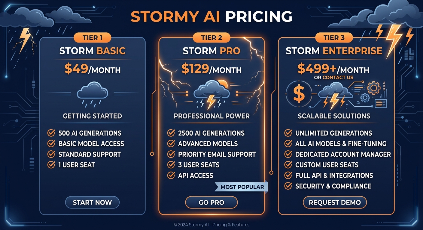 Stormy AI pricing comparison showing plan tiers and features