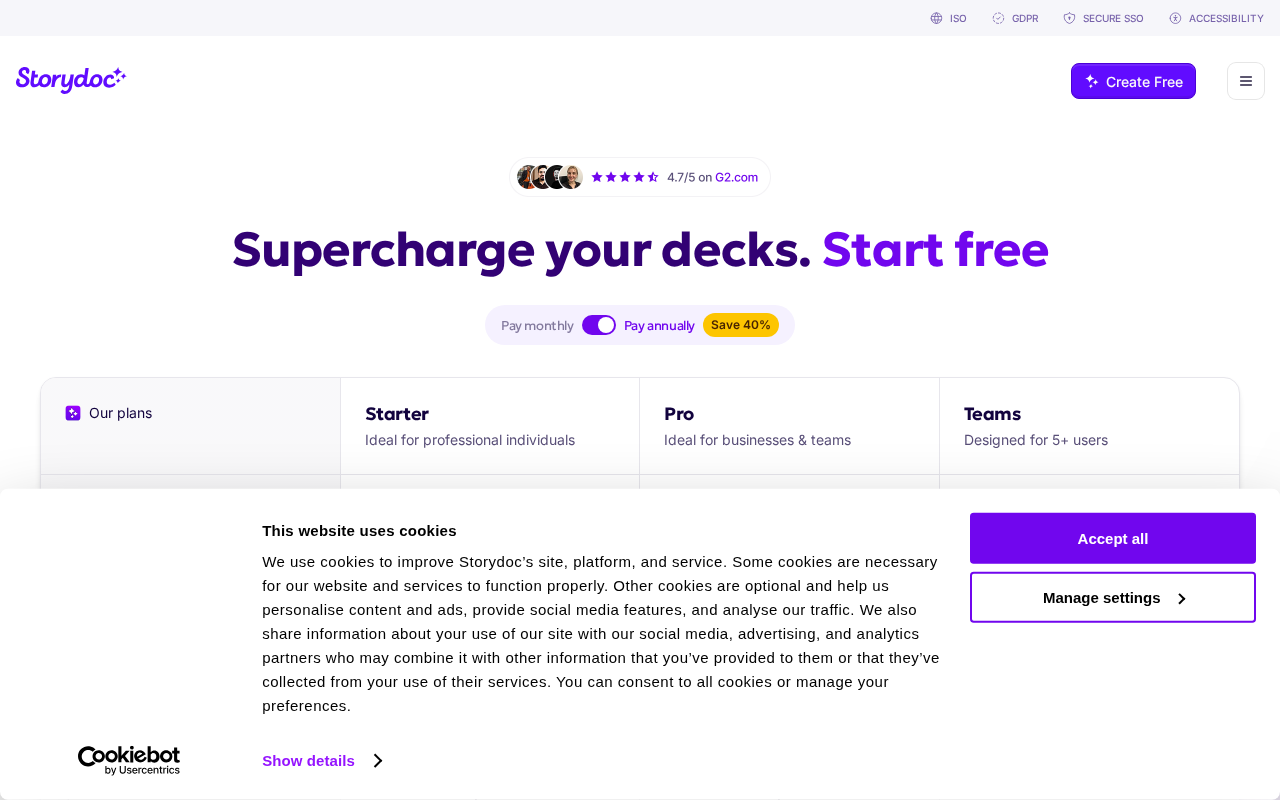 Storydoc pricing page showing all plan options