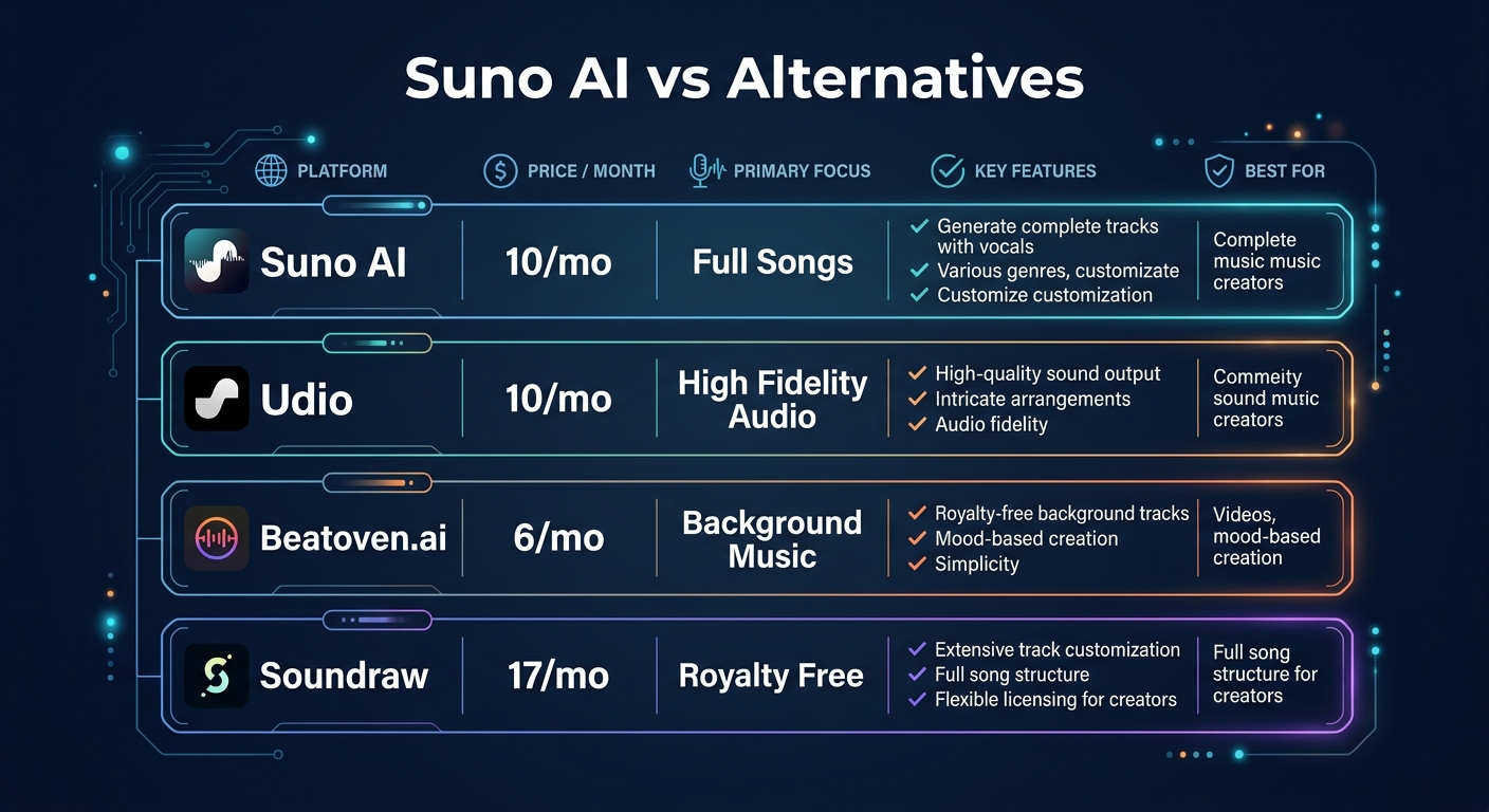 Suno AI alternatives comparison showing Udio, Beatoven.ai, Soundraw, and AIVA with pricing and specialties