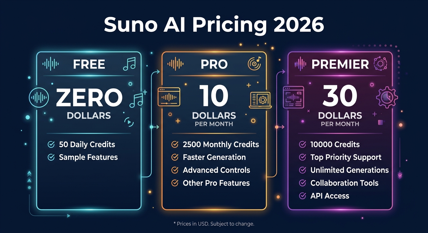 Suno AI pricing comparison showing Free, Pro at $10 per month, and Premier at $30 per month