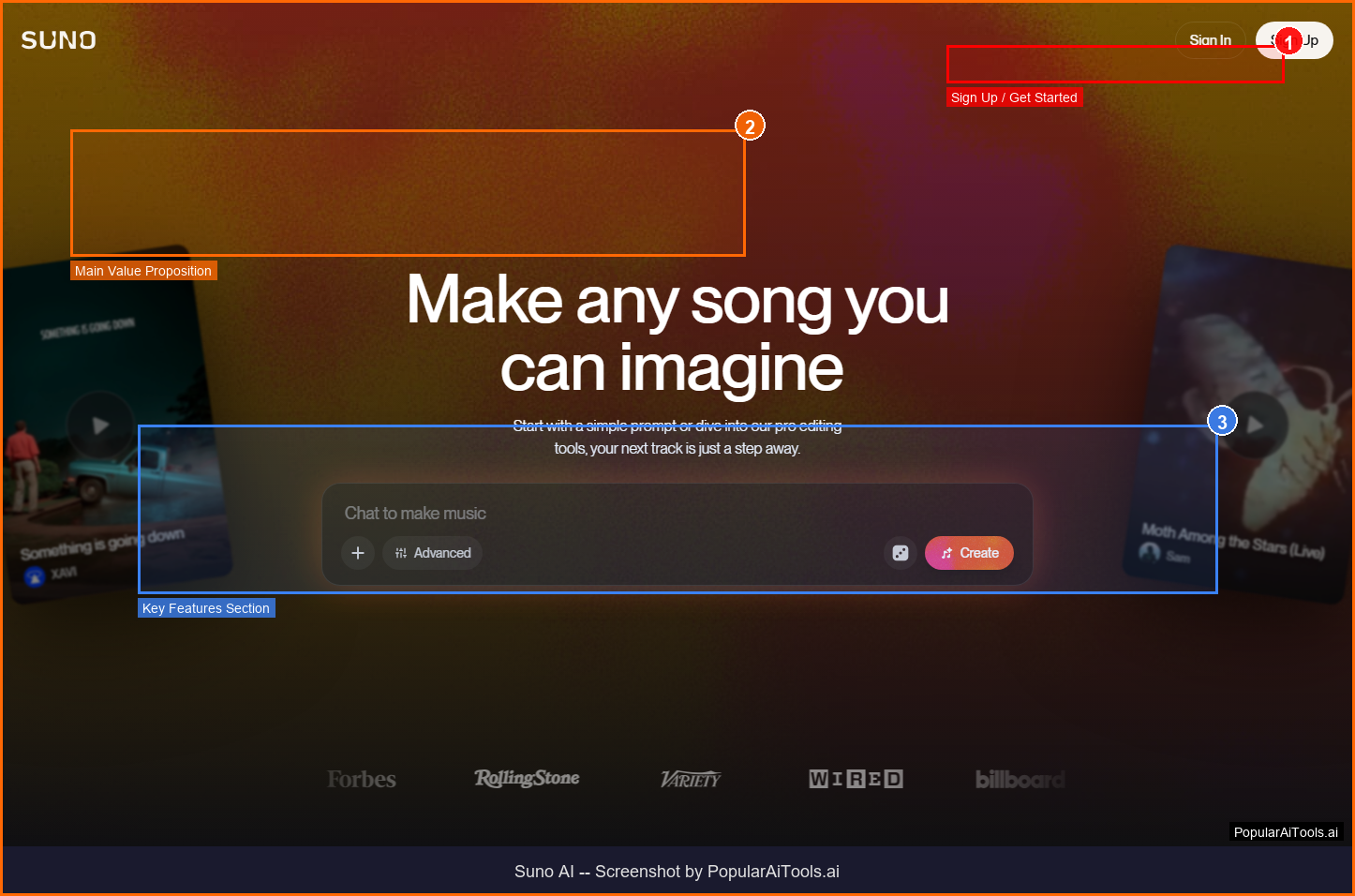 Suno AI homepage with annotations highlighting music generation interface, sign-up options, and creation tools