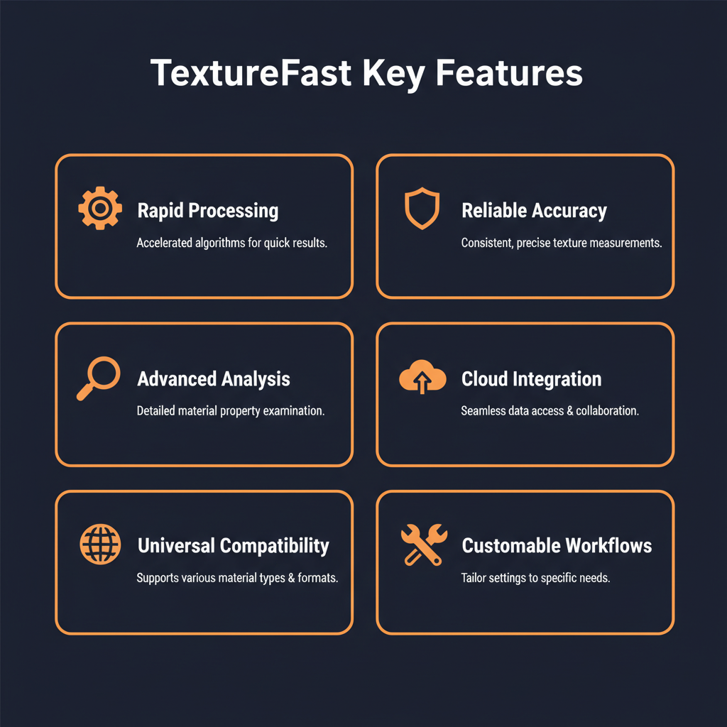 TextureFast key features infographic showing main capabilities