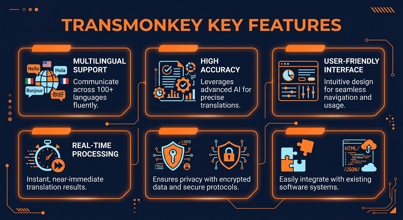 Transmonkey key features infographic showing main capabilities