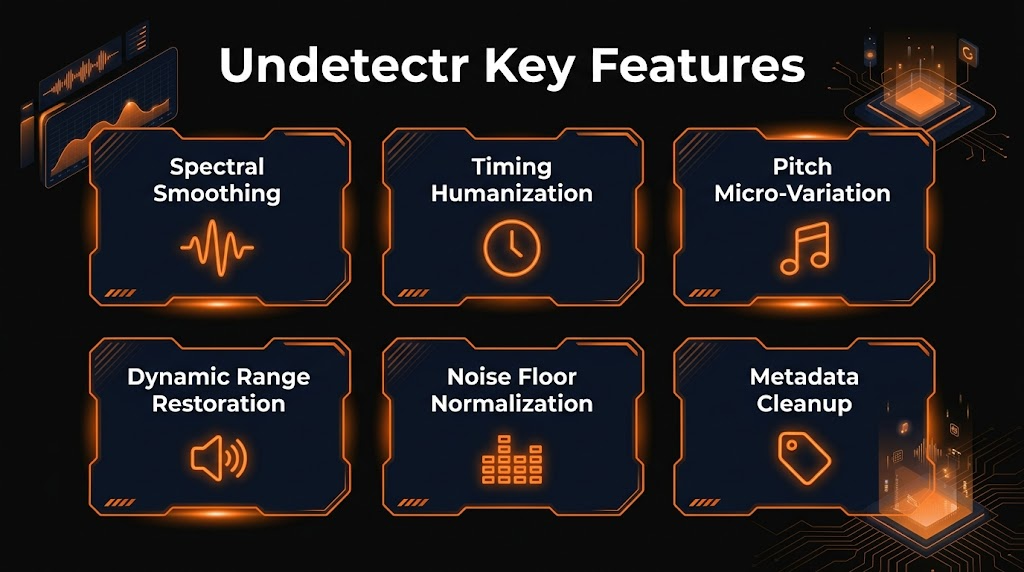 Infographic showing Undetectr's 6 key features: Spectral Smoothing, Timing Humanization, Pitch Micro-Variation, Dynamic Range, Noise Floor, Metadata Cleanup