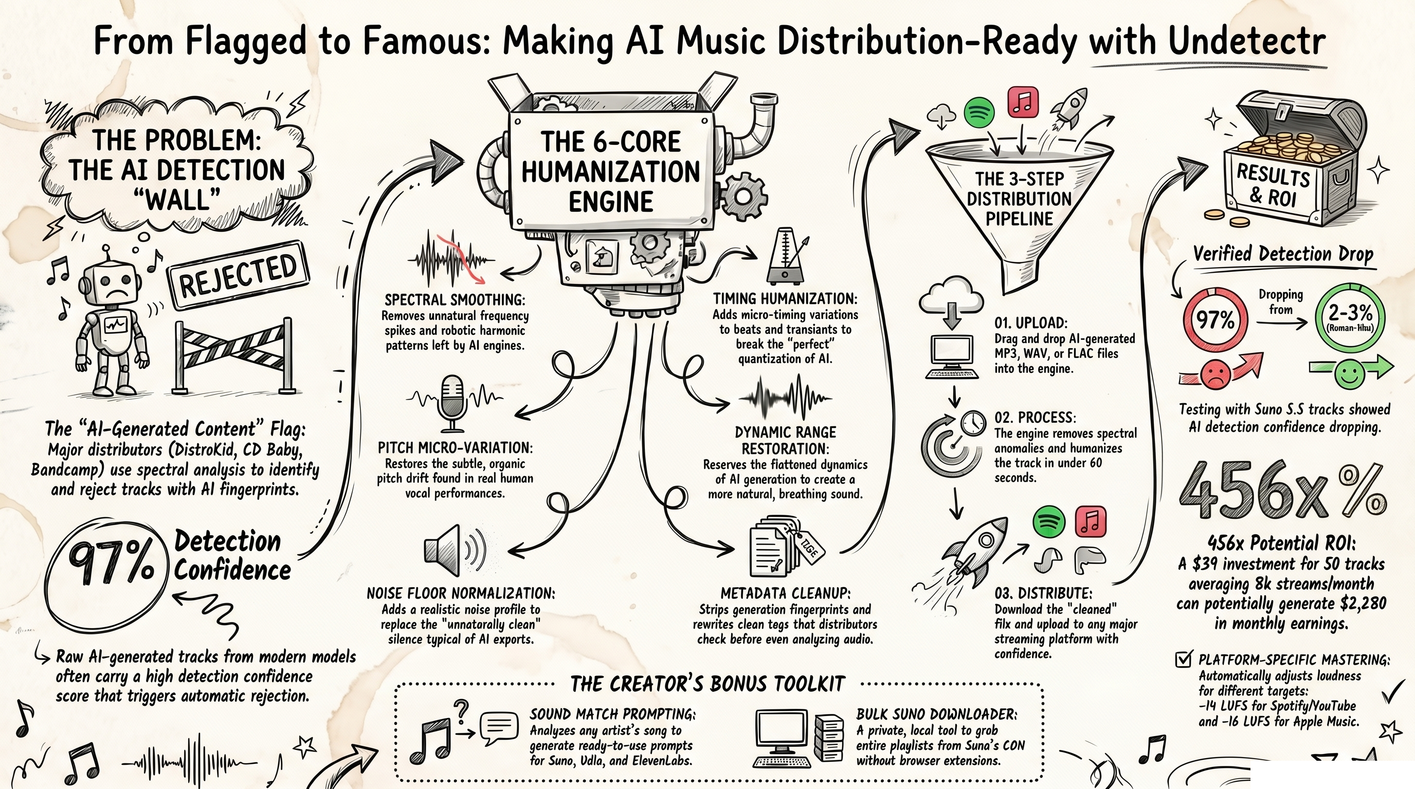 Comprehensive sketch-note infographic covering Undetectr AI music artifact removal