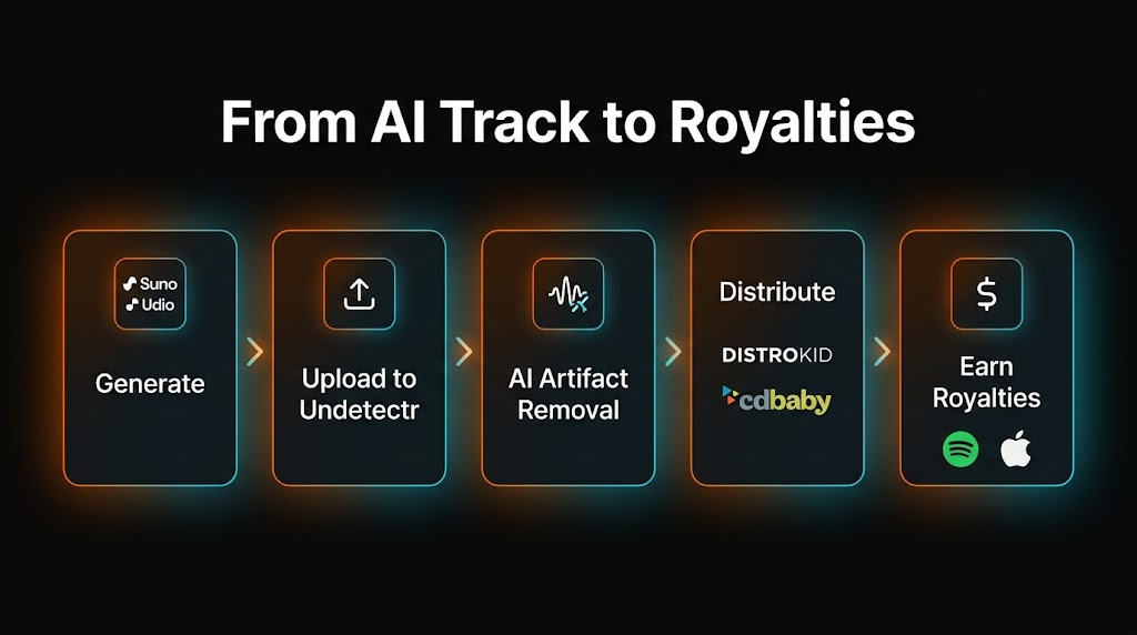 Infographic showing the 5-step workflow: Generate with Suno, Upload to Undetectr, AI Artifact Removal, Distribute via DistroKid, Earn Royalties on Spotify