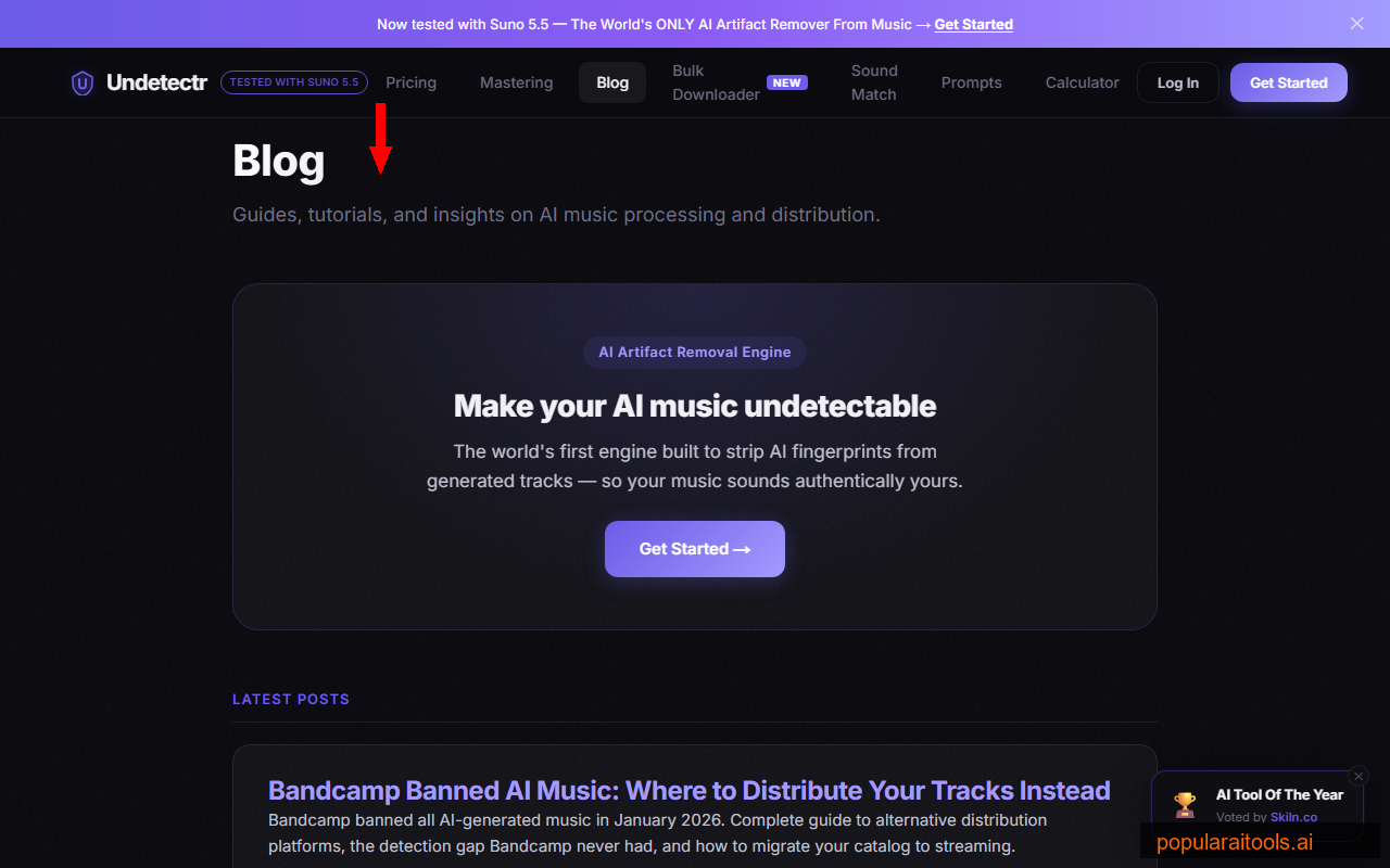Undetectr blog showing guides on DistroKid AI policy, TuneCore policy, and AI music prompts