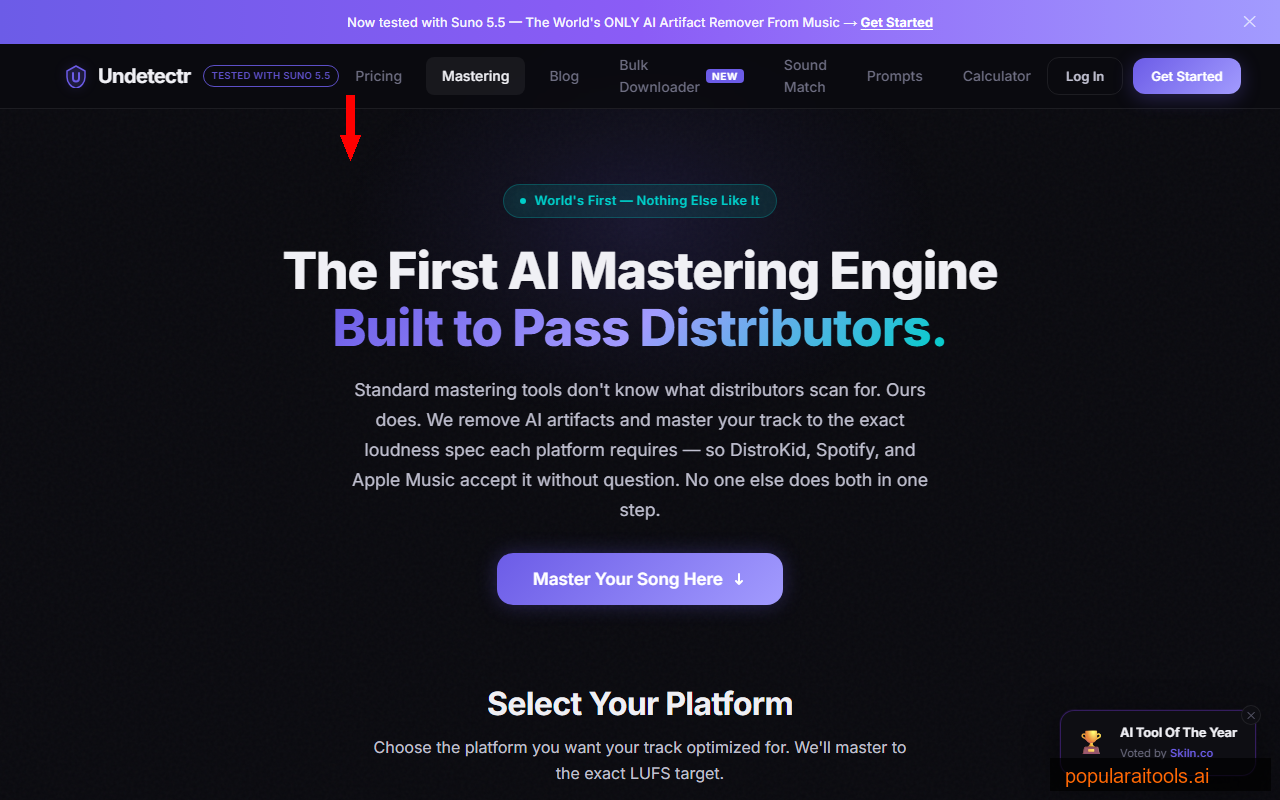 Undetectr mastering page showing platform-specific LUFS targeting for Spotify, Apple Music, YouTube, and more