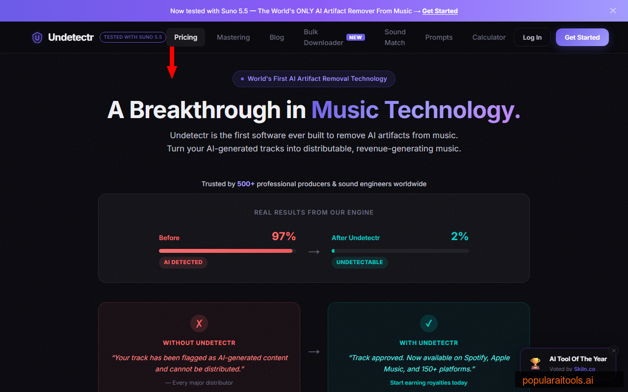 Undetectr pricing page showing Starter at $19 and Lifetime at $39 founder pricing