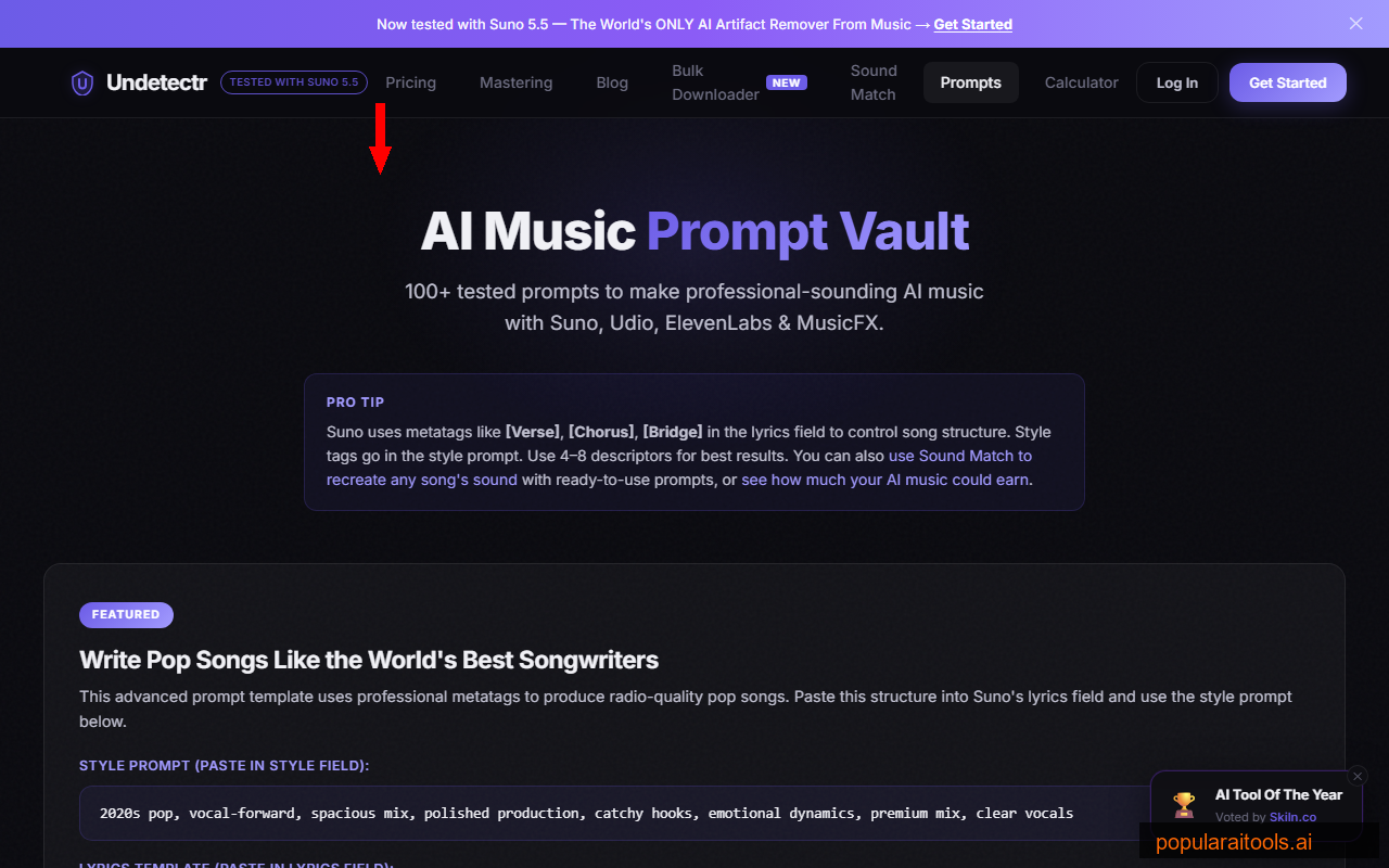 Undetectr AI music prompts vault showing 100+ tested prompts across every genre for Suno, Udio, and ElevenLabs