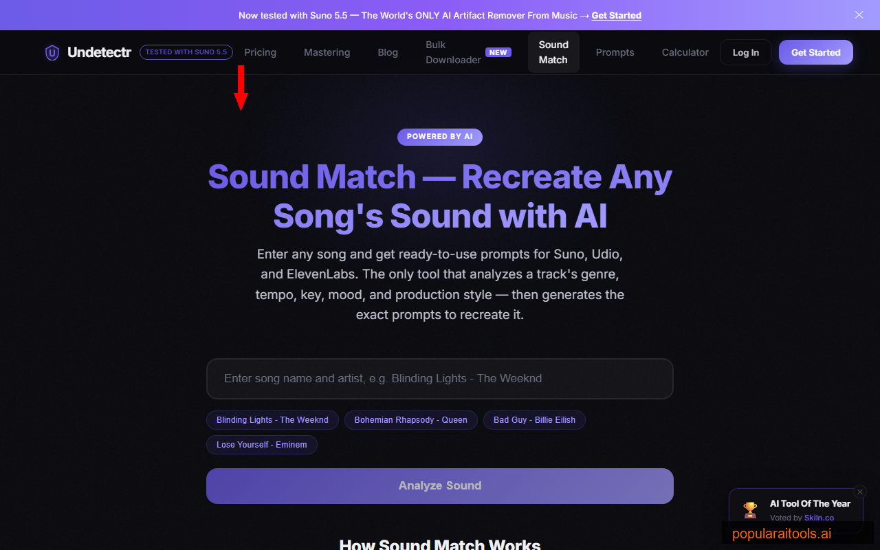 Undetectr Sound Match tool showing AI-powered song analysis and prompt generation for Suno and Udio