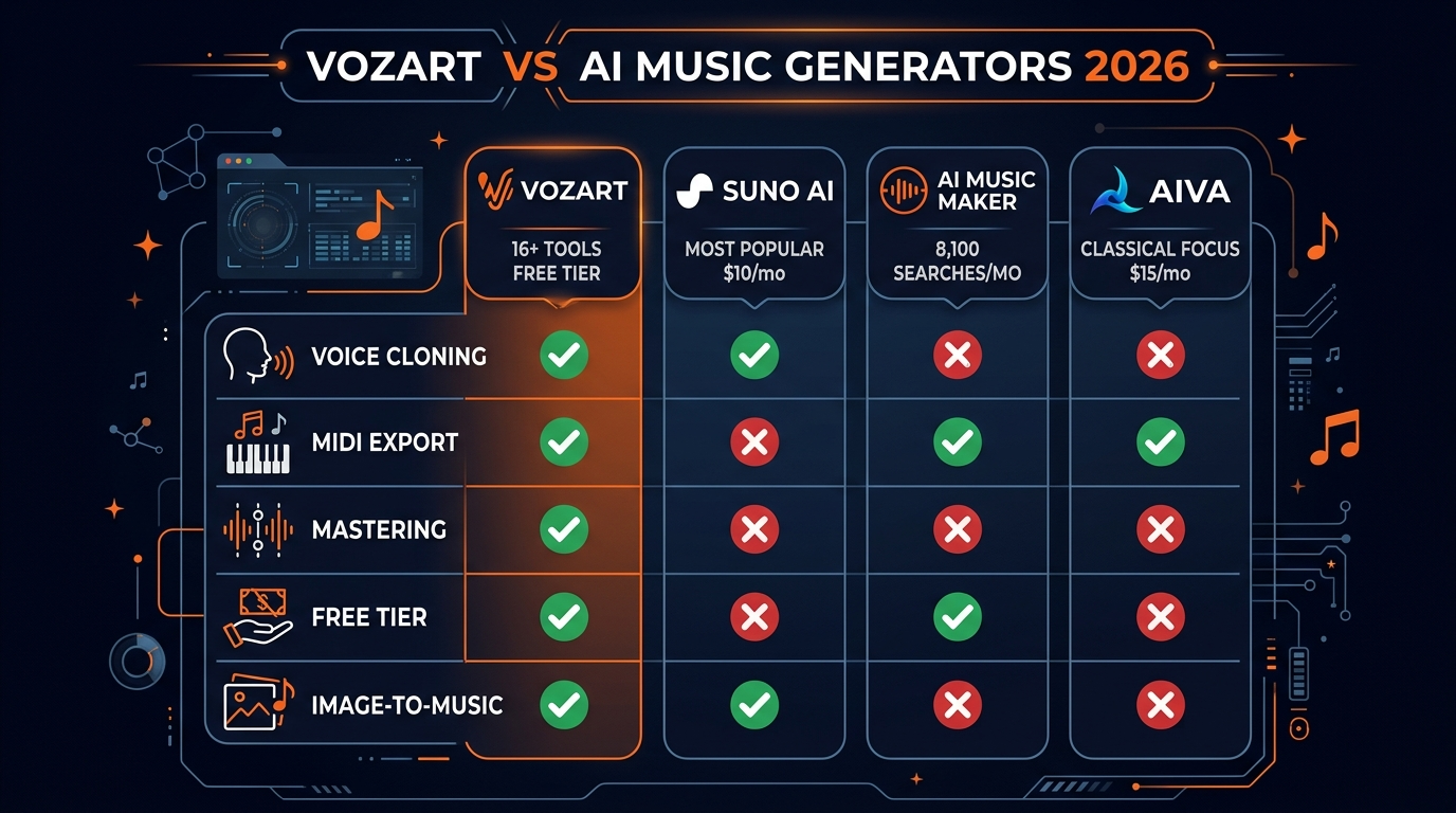 Vozart AI compared to Suno AI, AI Music Maker, and AIVA in a feature comparison