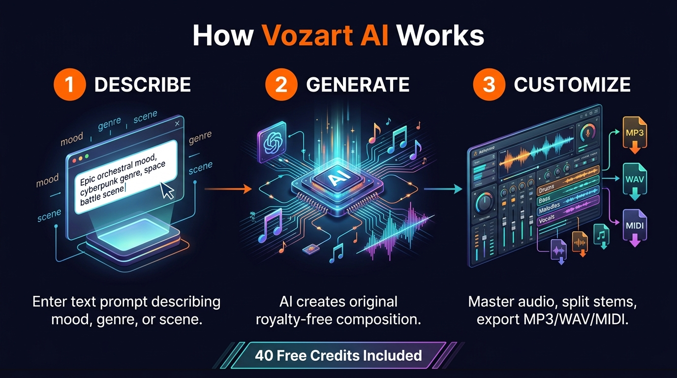 Vozart AI workflow infographic showing 3 steps: describe, generate, customize and download