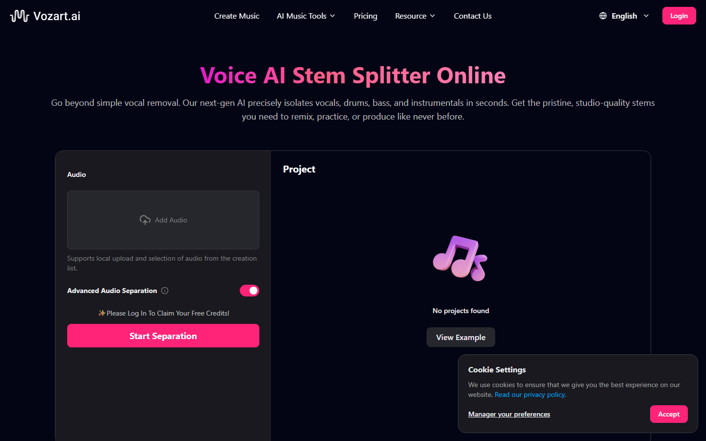 Vozart AI stem splitter tool for separating tracks into vocals, drums, bass, and melody