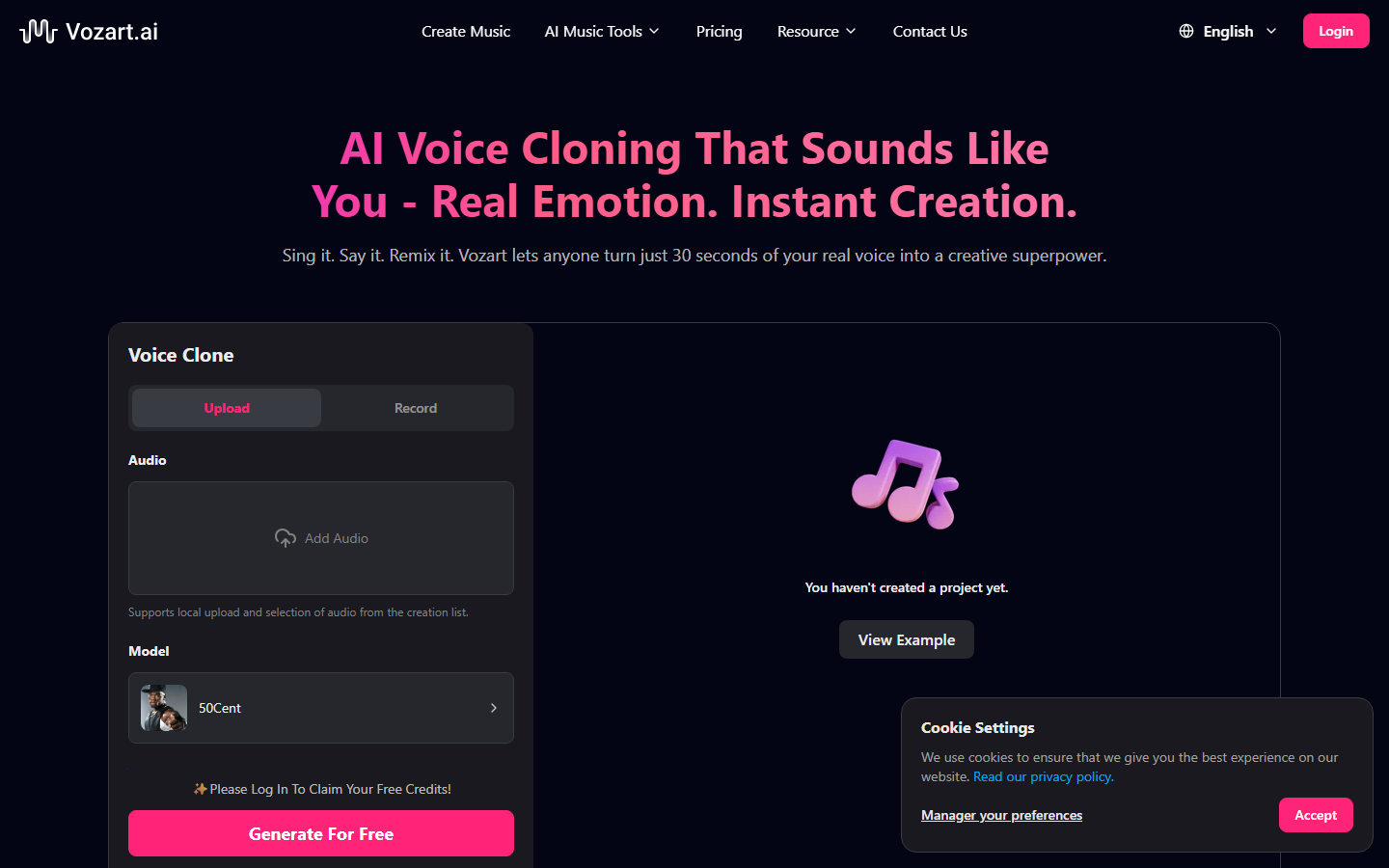 Vozart AI voice cloning interface for creating custom vocal performances
