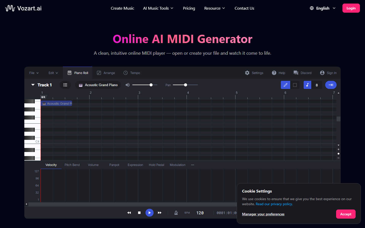 Vozart AI MIDI Studio interface for exporting music to professional DAW formats