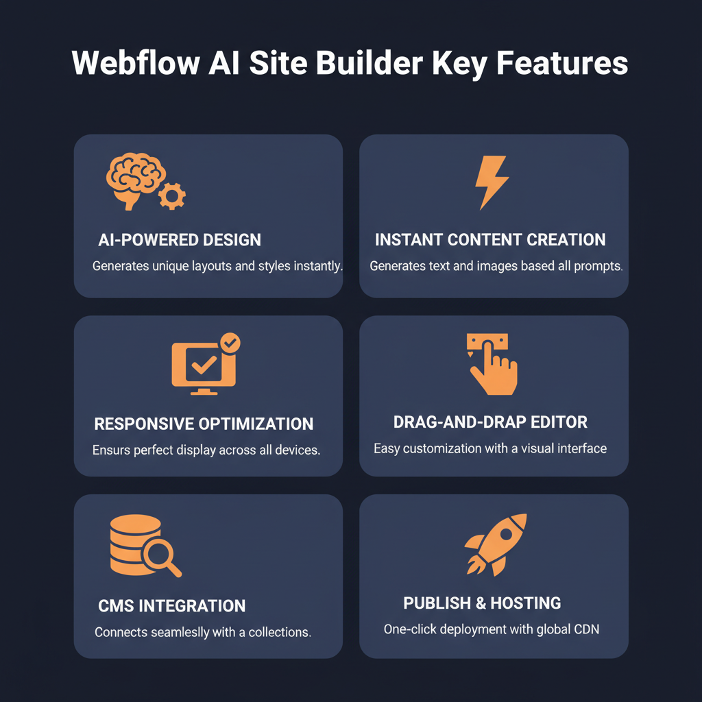 Webflow AI Site Builder key features infographic showing main capabilities