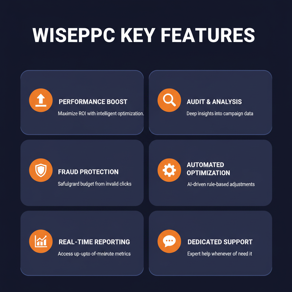 WisePPC key features infographic showing main capabilities