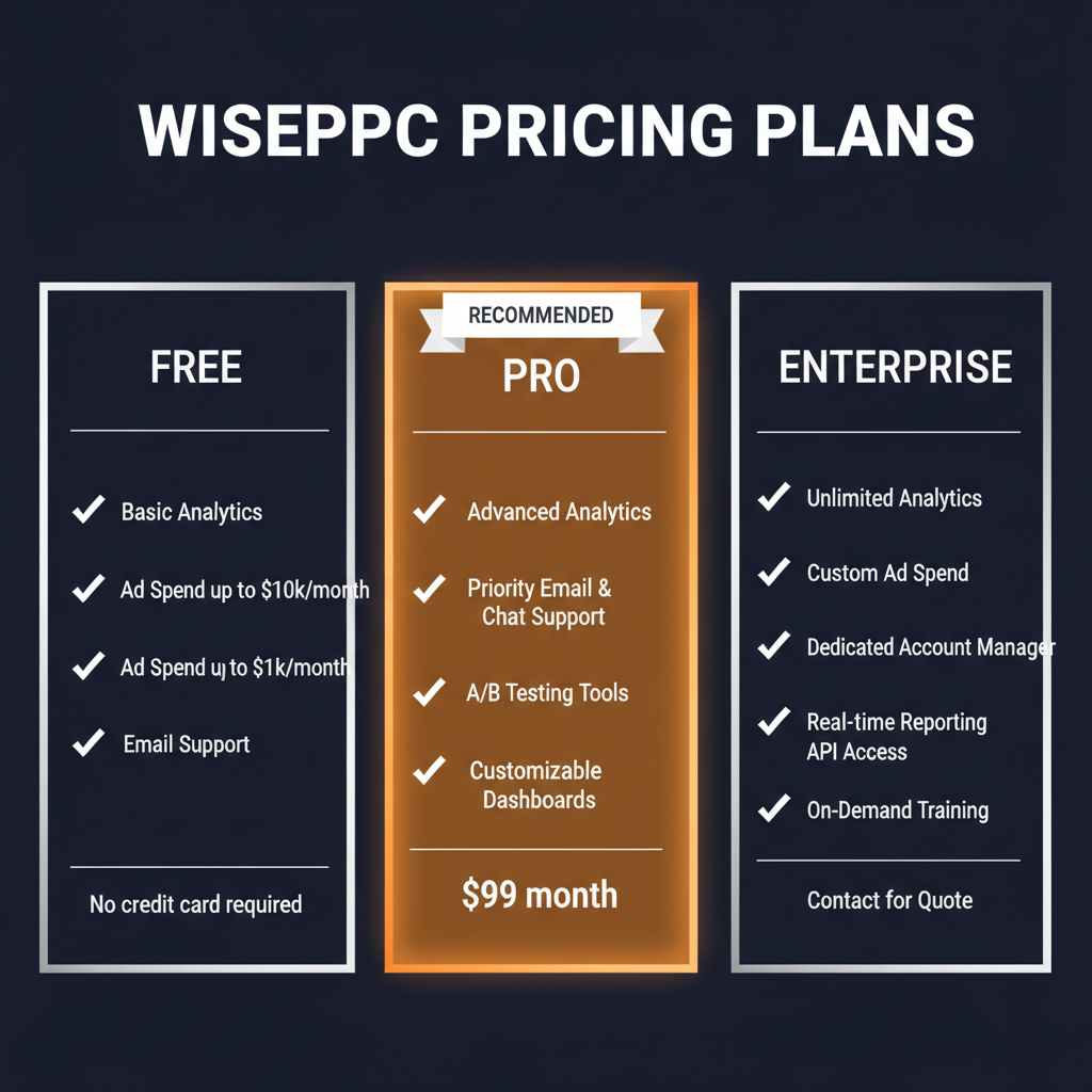 WisePPC pricing comparison showing plan tiers and features