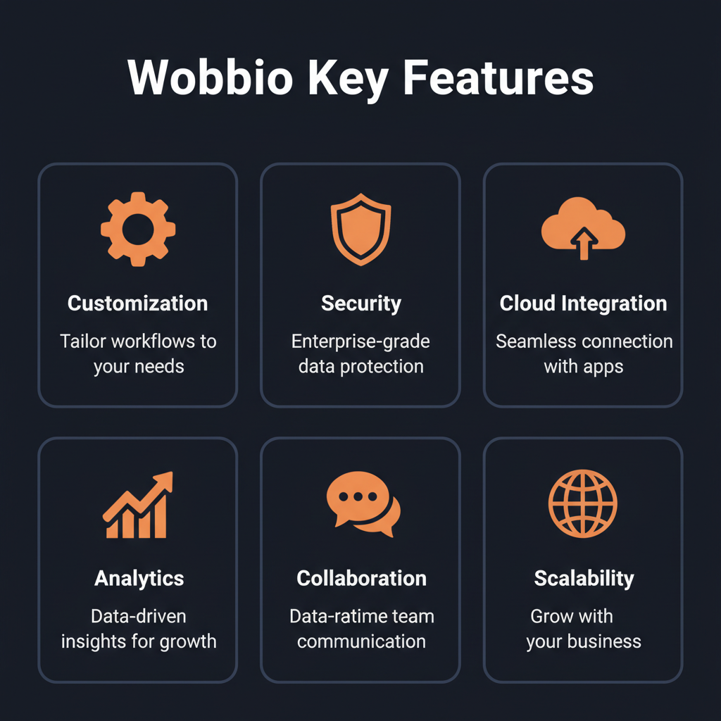 Wobbio key features infographic showing main capabilities