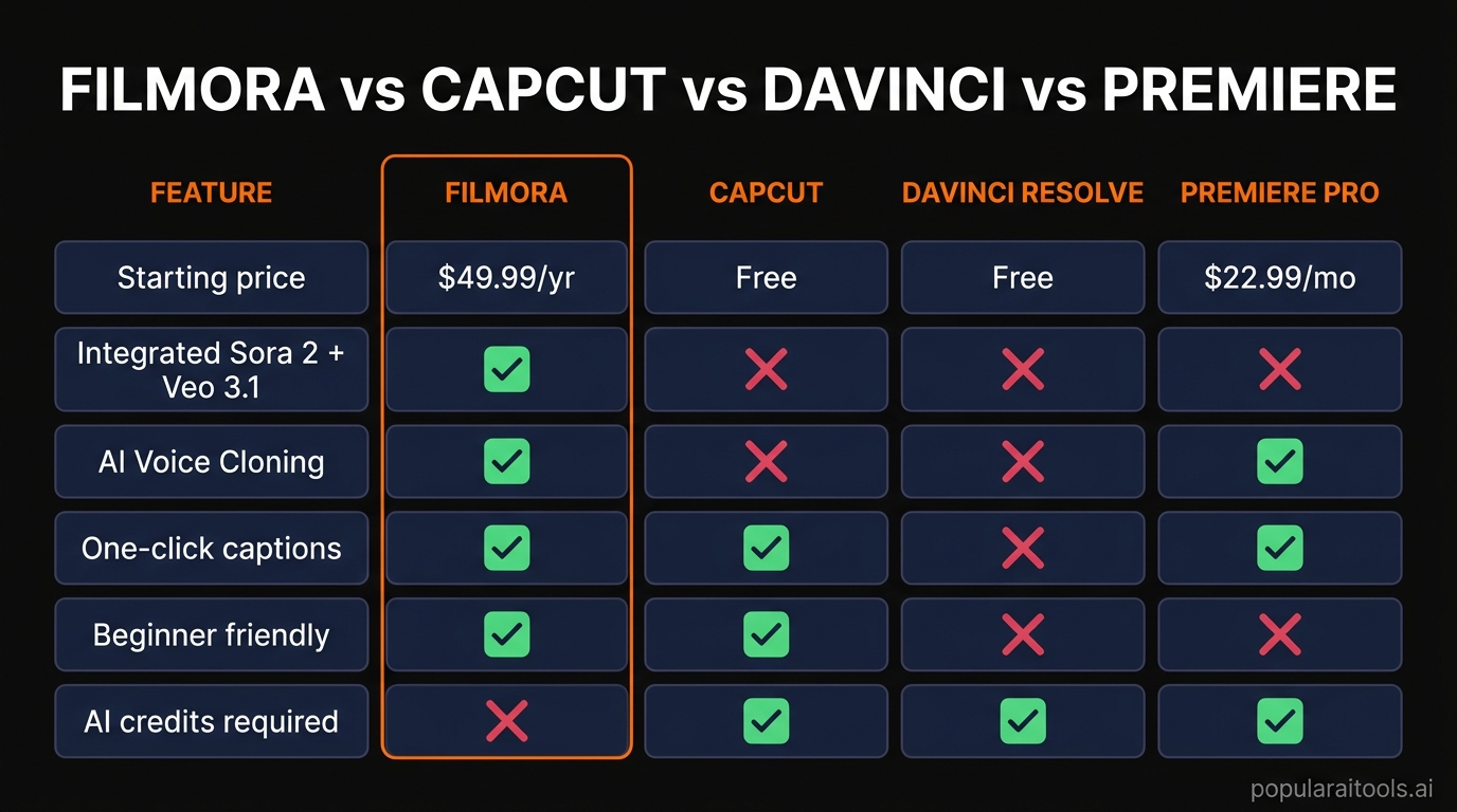 Filmora vs CapCut vs DaVinci Resolve vs Premiere Pro comparison