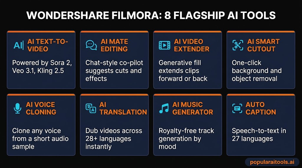 Wondershare Filmora — 8 flagship AI tools infographic