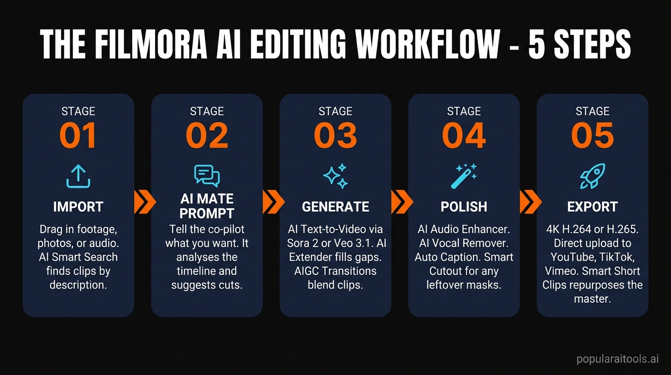 The Filmora AI editing workflow — 5 stages from import to export