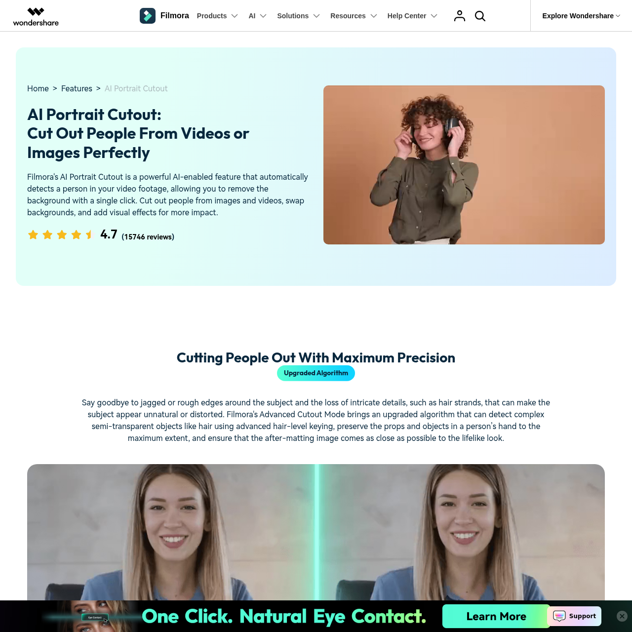 Filmora AI Portrait Cutout — one-click background removal