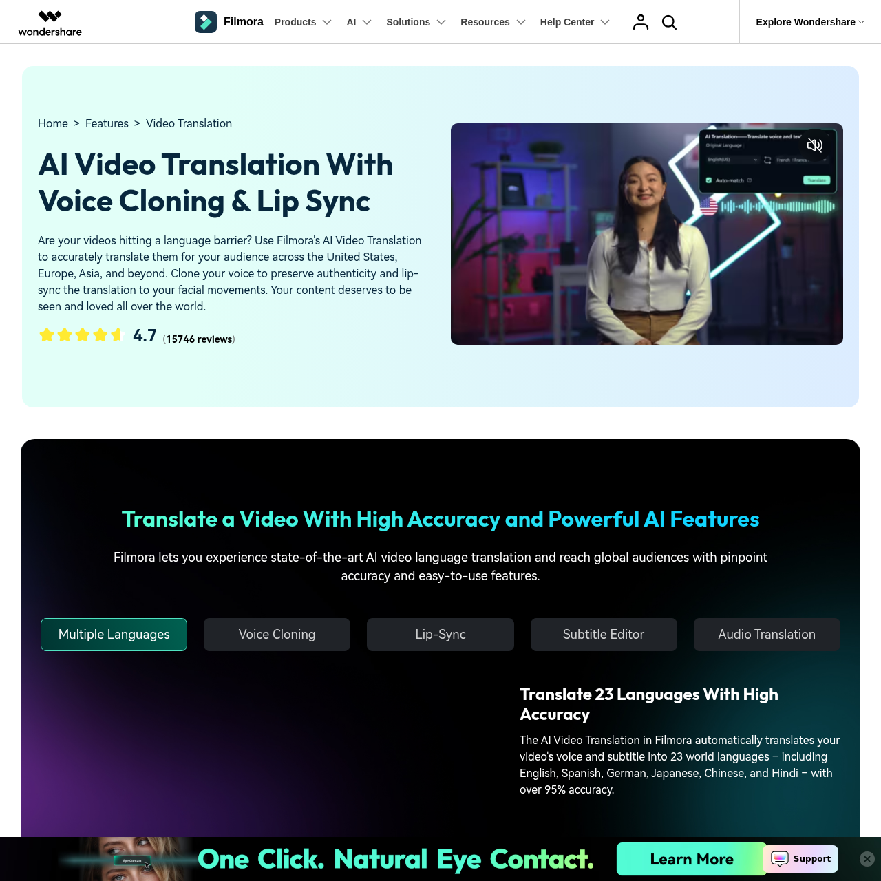 Filmora AI Video Translation — 28 language dubbing with lip-sync