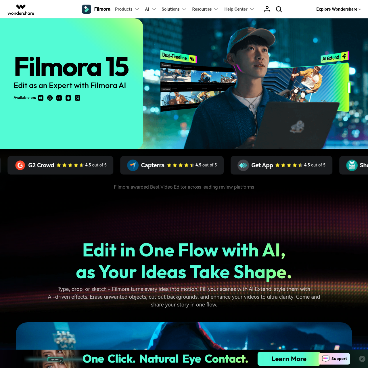 Wondershare Filmora homepage — Edit as an Expert with Filmora AI