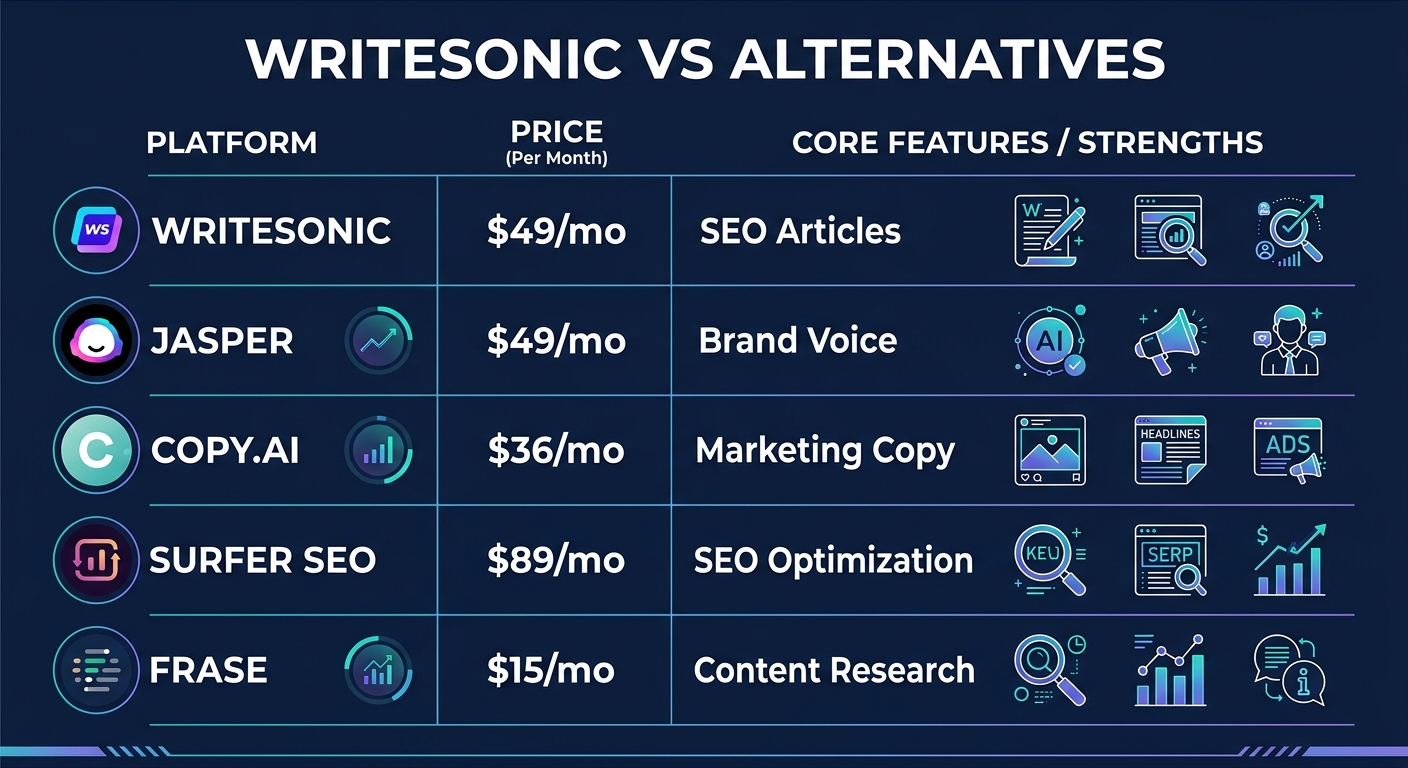 Writesonic alternatives comparison showing Jasper, Copy.ai, Surfer SEO, and Frase with pricing and specialties